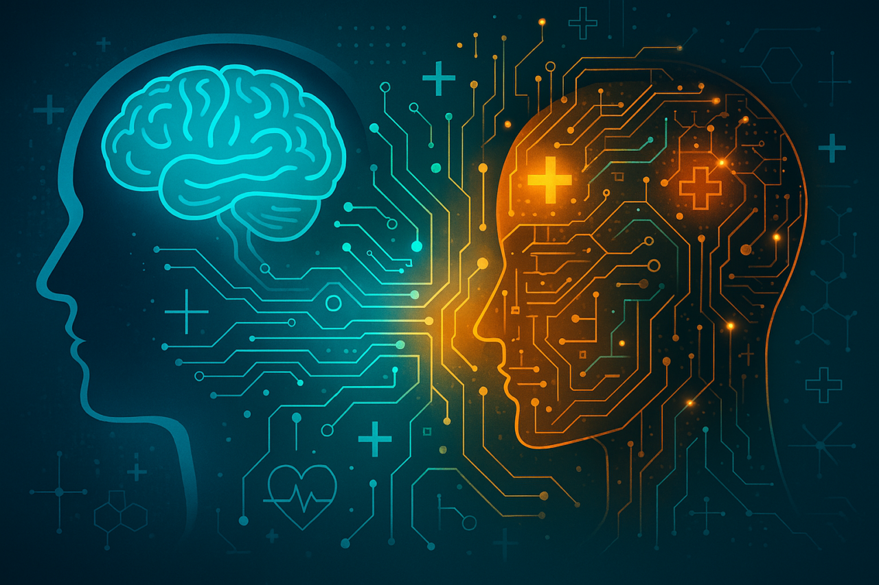 A human face and a glowing AI face connect through circuitry, symbolizing harmony between human cognition and artificial intelligence in healthcare.