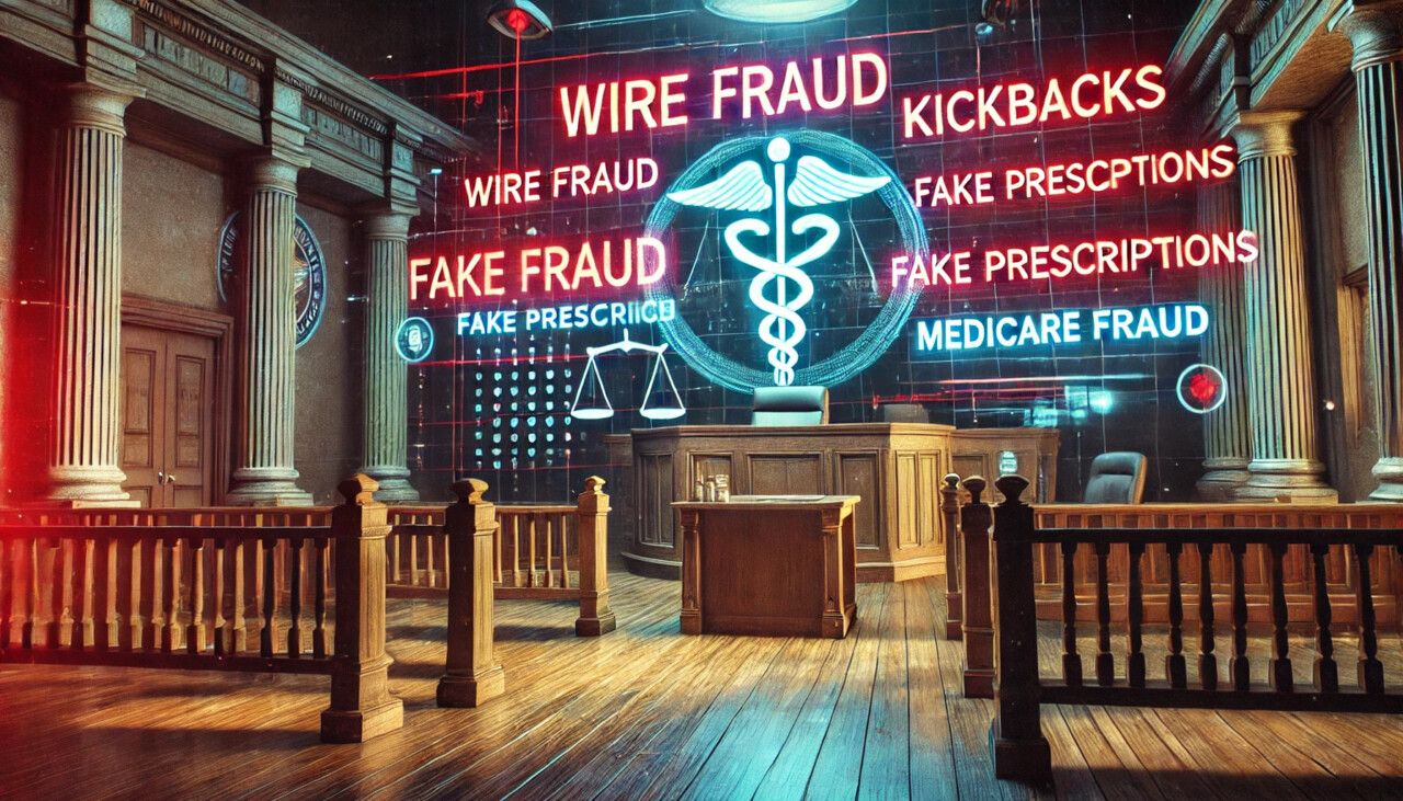 Courtroom with digital screen showing red alert terms: Wire Fraud, Kickbacks, Fake Prescriptions, and Medicare Fraud