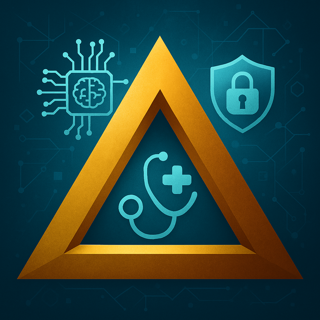 A glowing golden triangle connects symbols of AI, cybersecurity, and medicine—an AI circuit, a shield with a lock, and a stethoscope—over a digital blue background.