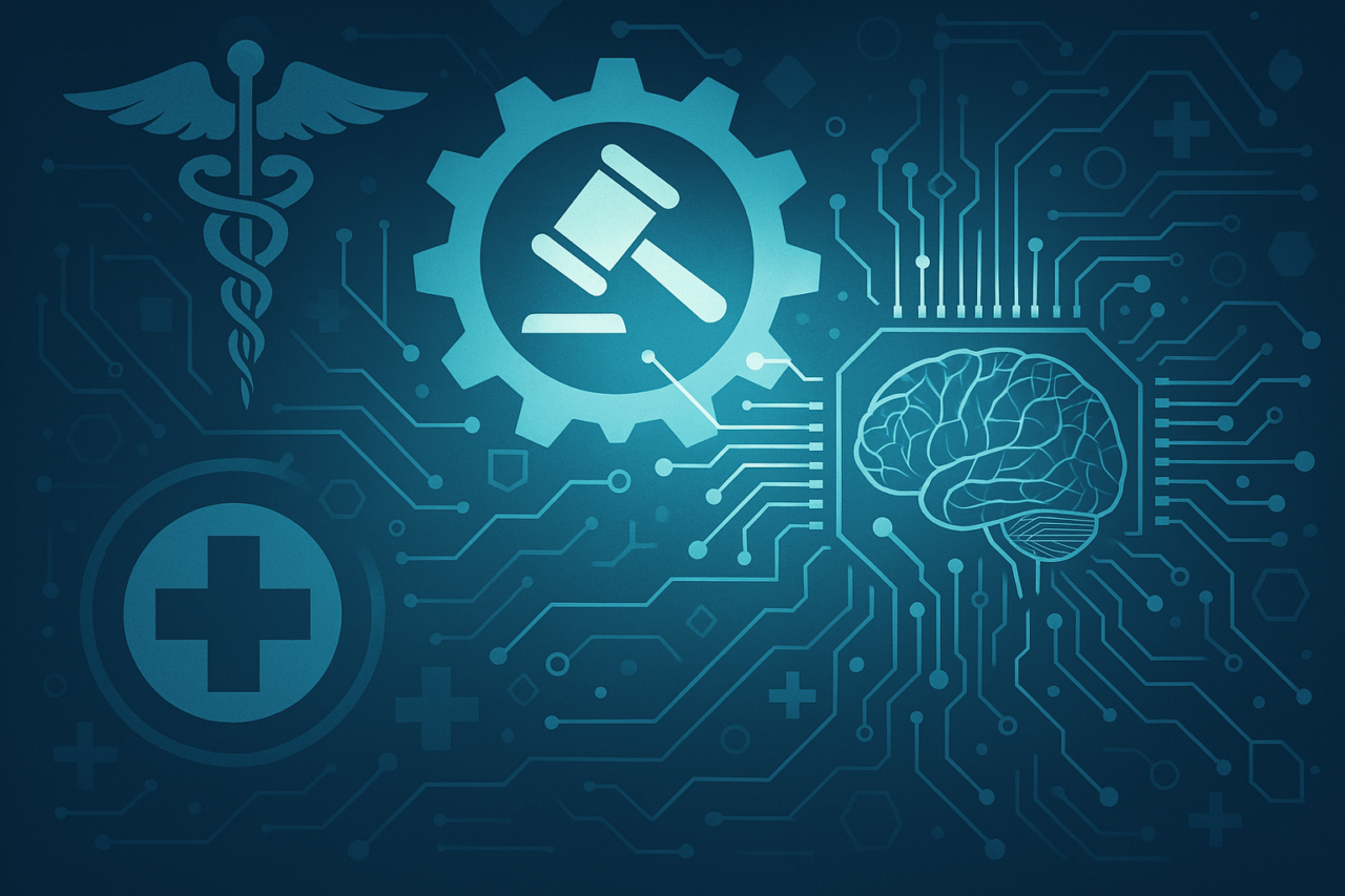 A digital illustration of a gavel, medical symbols, and a glowing brain inside a microchip, all interconnected by circuitry, symbolizing governance in healthcare AI.