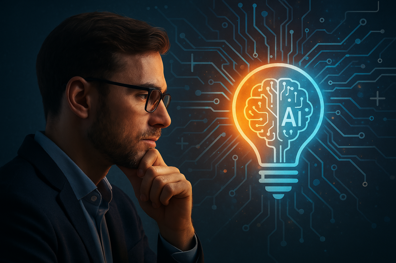 A man in glasses looks thoughtfully at a glowing AI brain orb, surrounded by circuit-like digital elements, symbolizing ethical contemplation in AI development.