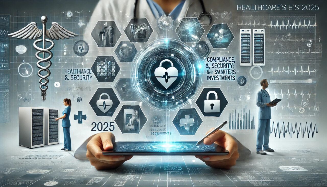 Futuristic healthcare technology concept with doctors using smart devices, digital data streams, cybersecurity symbols like locks and shields, in a sleek blue and silver color scheme