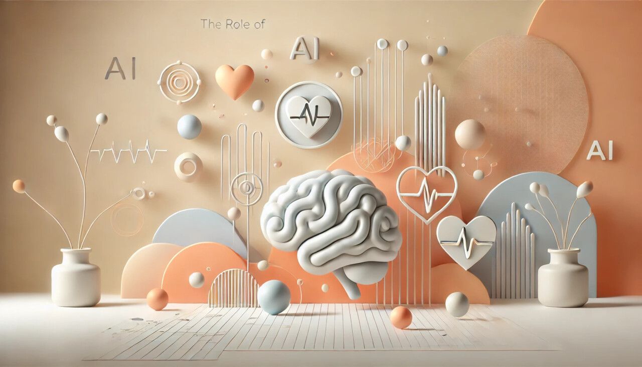Minimalistic illustration featuring abstract symbols of AI and healthcare interconnected on a warm, pastel-toned background.