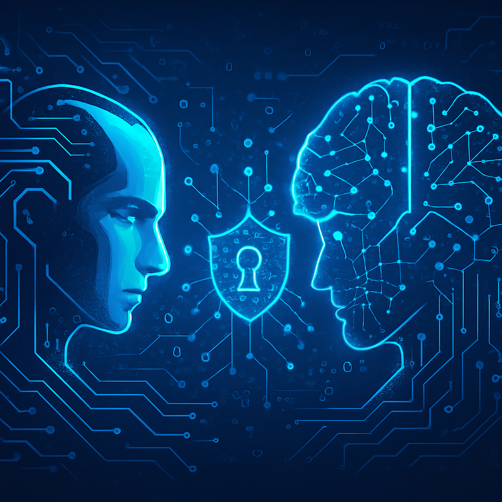 Two opposing AI profiles face each other across a digital interface, connected by glowing circuits and a central security shield icon.