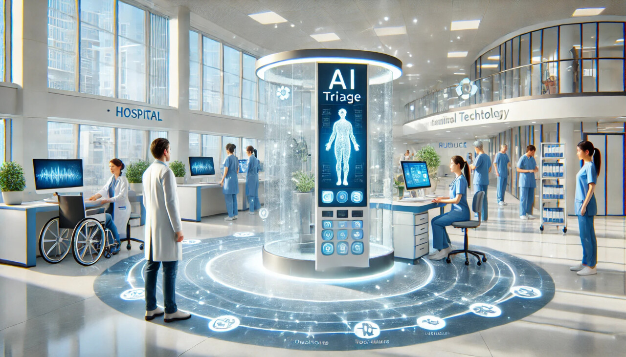 Futuristic hospital interior showing patient at an AI-powered triage kiosk, with medical staff using smart devices in a bright, tech-integrated environment.