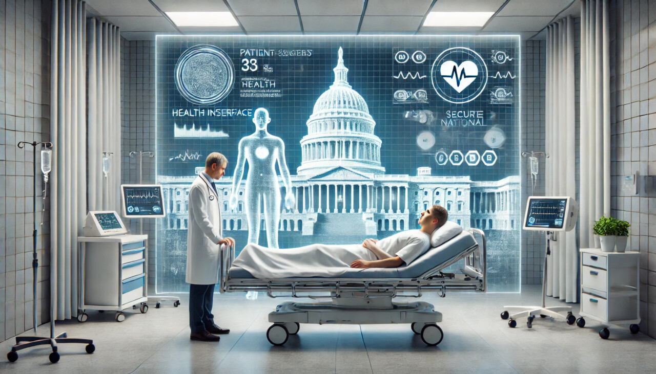 Doctors examine a patient using a holographic medical interface, with the U.S. Capitol and digital data overlays in a hospital setting
