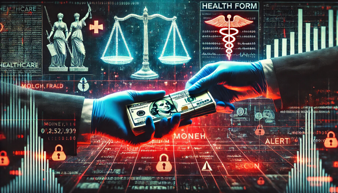 Gloved hands exchanging cash beneath a tampered digital health form, with symbols of justice and glitch effects in the background