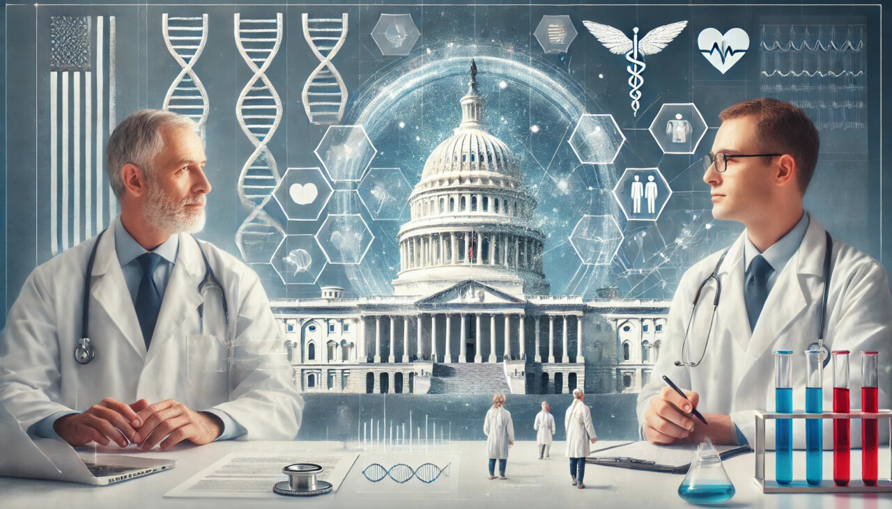 Doctors in lab coats reviewing a holographic interface with the U.S. Capitol and digital healthcare data in the background