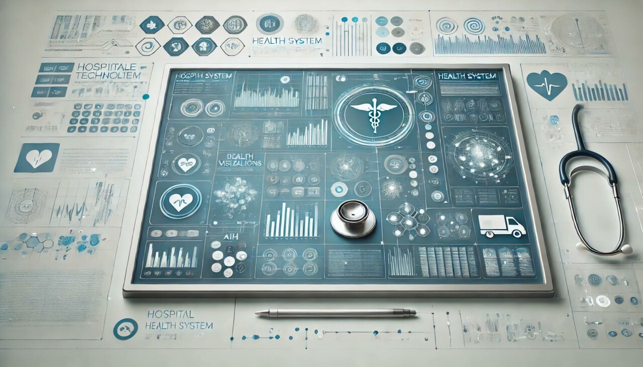 Futuristic healthcare dashboard interface with digital charts, AI icons, and medical symbols in cool tones of blue and gray, representing AI-powered clinical data management.