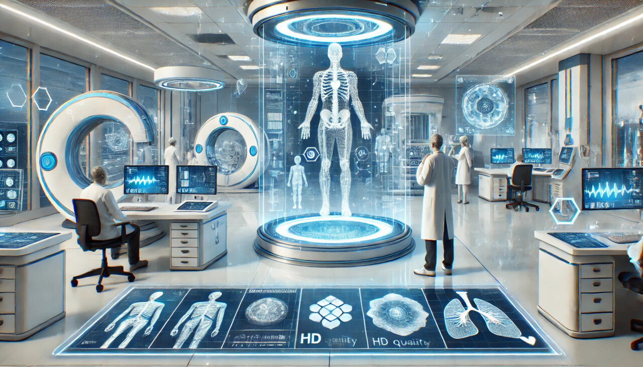 Futuristic hospital diagnostic lab with AI-powered imaging systems, robotic assistants, and a healthcare leader viewing data on a transparent display.