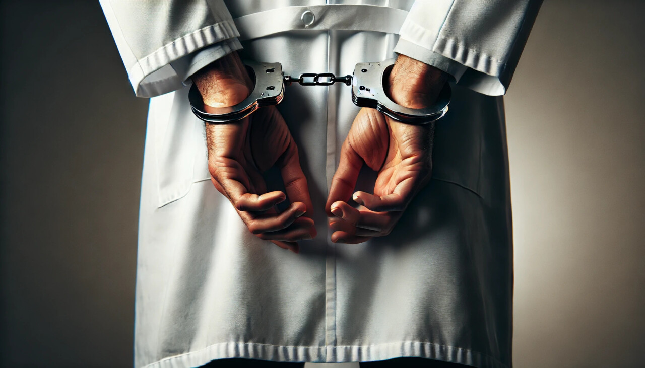 Close-up of a doctor’s hands in handcuffs behind their back, wearing a white coat on a dark background