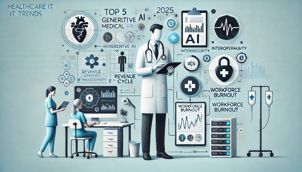 Illustration showing a doctor using AI tools, a financial dashboard, a data security lock, a smartphone accessing health records, and a tired nurse—representing top healthcare IT trends in 2025.